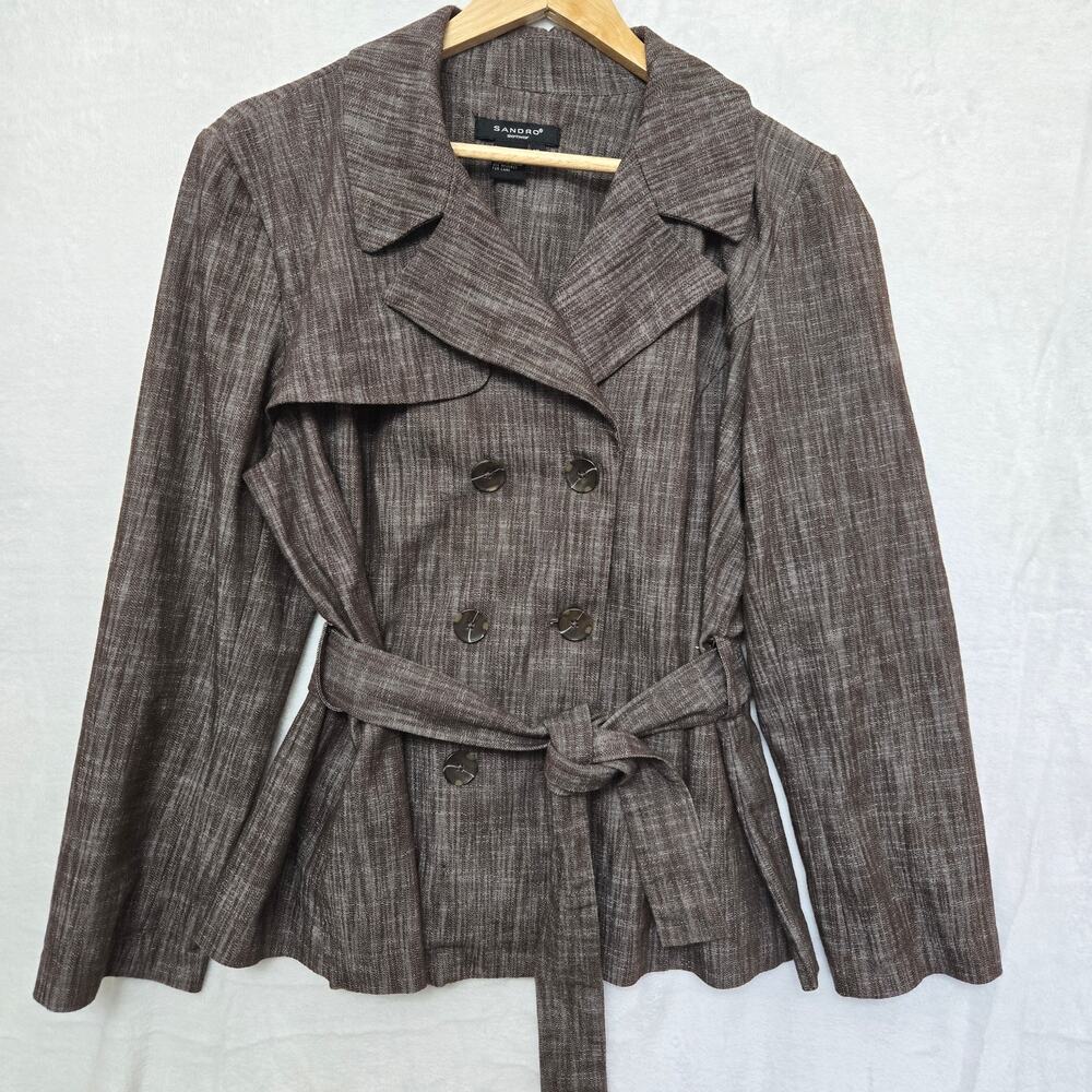 Sandro Women Brown Classic Quiet Luxury Parisian Double Breasted Trench Coat XL